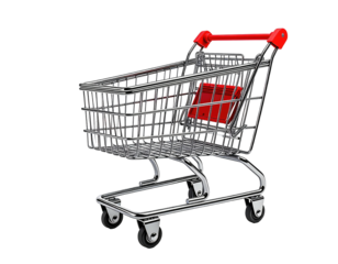 Small, metallic shopping cart with red handle and basket