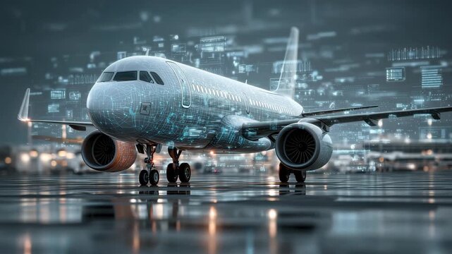 An airplane is parked on the runway of a modern airport as digital data displays hover around it, creating a futuristic atmosphere during the evening hours