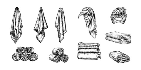 Rolled, folded towels, towels on a head, piles of towels sketch illustration collection. Drawing in an engraving style. Hand-drawn vector outline line art clipart, isolated