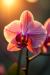 Pink orchid flower in sunlight with dew drops.