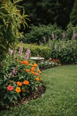 Vibrant Summer Garden Oasis with Bird Bath and Blooming Flowers