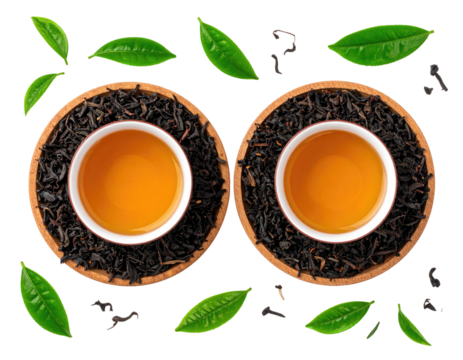 Two small cups of amber tea, surrounded by loose leaf tea and vibrant green leaves, displayed on a dark background in a symmetrical pattern