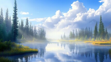 Fototapeta premium Serene landscape with a wooden bridge crossing quiet stream