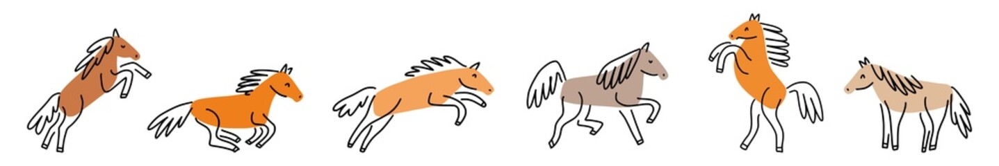 A horizontal illustration of various horses, hand drawn in doodle style.