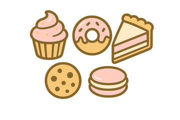 Assortment of sweet baked goods and desserts including cupcake, donut, pie, cookie, and macaron