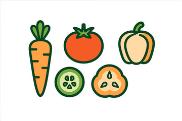 Vibrant collection of fresh healthy vegetables featuring a whole carrot, ripe tomato, bell pepper, and sliced cucumber