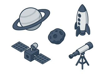 Isometric space objects set featuring Saturn, rocket, asteroid, satellite, and telescope for astronomy and cosmic exploration © Artstock