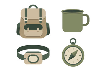 Essential camping and hiking gear set with backpack, mug, headlamp, and compass for outdoor adventures