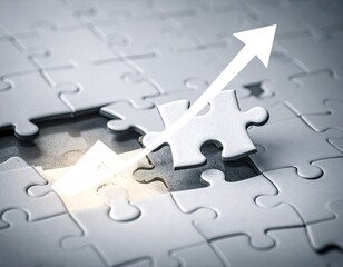 White jigsaw puzzle with upward trend arrow, highlighting a missing piece