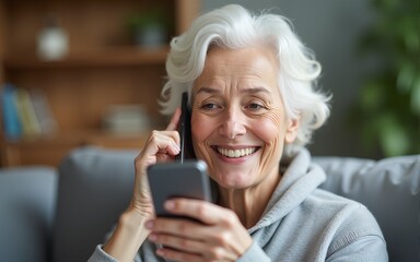 Happy senior woman using phone at home. High quality