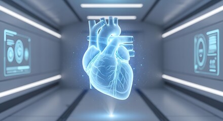 Digital heart hologram in futuristic laboratory for medical research and innovation