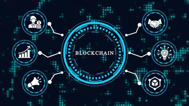 Digital concept of blockchain technology with interconnected icons representing business, growth, marketing, agreement, idea, and security on a dark technological background