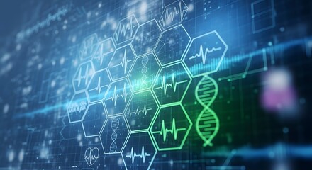 Abstract medical background with dna strand, heart rate monitor, and hexagon pattern