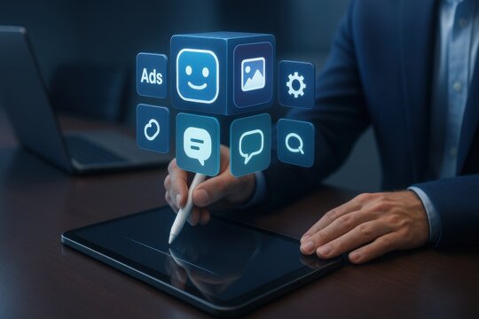 Person using digital pen on tablet with floating holographic icons for ads, communication, and marketing
 - Powered by Adobe