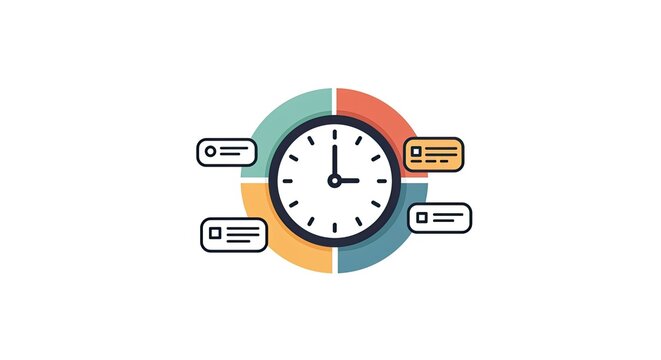 A circular infographic illustrating time management with a clock at the center and four segmented sections around it, each with a text box.