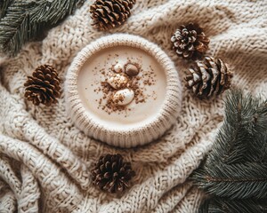 Fototapeta premium Cozy winter sweater laid flat with pinecones and hot cocoa, soft overhead lighting 