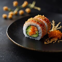 Fine Dining Sushi Roll with Caviar and Gold Leaf