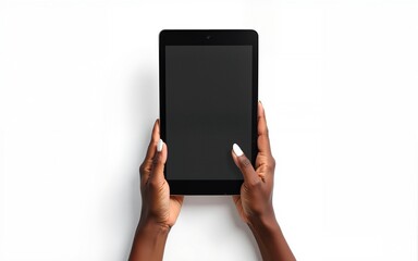 Black woman hands holding digital tablet isolated on white background. High quality