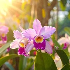 Delicate pink orchids in sunlight
