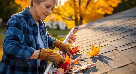 Senior Woman Cleaning Autumn Leaves from Home Gutters, Preparing for Winter Weather Season