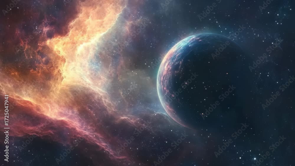 Wall mural vibrant closeup view of a nebula with celestial body in outer space showcasing a stunning cosmic lan