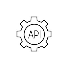 Line icon of API integration inside a gear symbol.