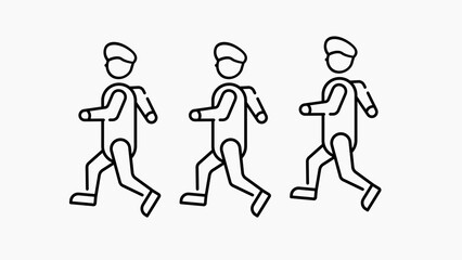 Three Black Line Art Figures Walking with Backpacks on White Background Keywords: walking figures, line art, backpack, white background, group, people, movement, travel, journey, forward, progress