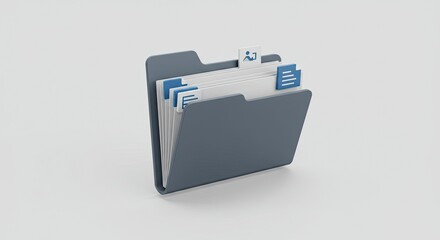 A 3D rendered image of an open gray folder containing blue and white document icons, symbolizing data organization and digital files.