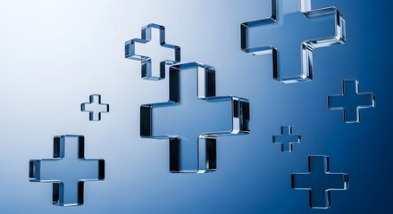 Floating plus signs in a blue gradient background with a reflective surface