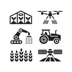 Vector art of collection of modern agriculture icons, including drone, tractor, robot arm, greenhouse, satellite, and crops