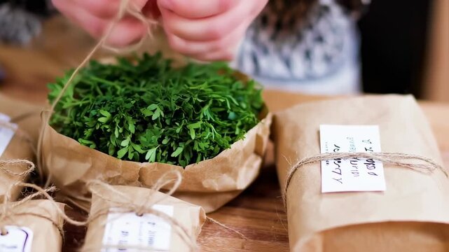 Fresh herbs in brown paper packages
