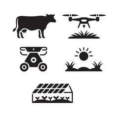 Vector art of collection of modern farming icons including a cow, drone, robotic tractor, greenhouse, and sunrise with grass, representing smart agriculture and technology in farming