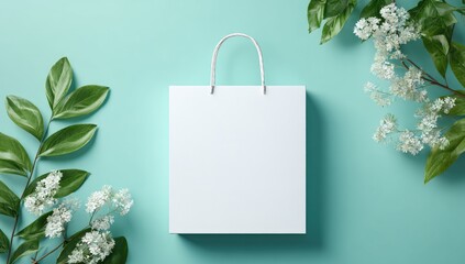 Blank white shopping bag on teal background surrounded by greenery and flowers