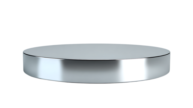 Round silver metallic platform podium with smooth reflective surface White background.