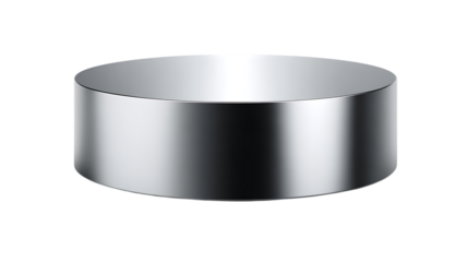 Round silver metallic platform podium with smooth reflective surface White background.