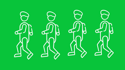 Four White Line Art Figures Walking with Backpacks on Green Background Keywords: walking figures, line art, backpack, green background, group, people, movement, travel, journey, forward, progress
