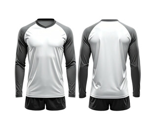 Front and back view of a white long-sleeve sports jersey and dark gray shorts