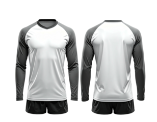 Front and back view of a white long-sleeve sports jersey and dark gray shorts