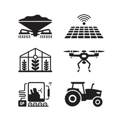 Vector art of collection of smart farming icons including a drone, tractor, greenhouse, and solar panel