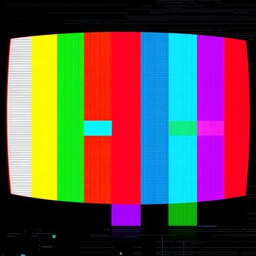 Distorted color bars on a vintage television screen, displaying a classic "no signal" pattern with digital noise.