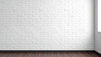 Fototapeta premium A white painted brick wall with dark wood flooring and natural light from a window.