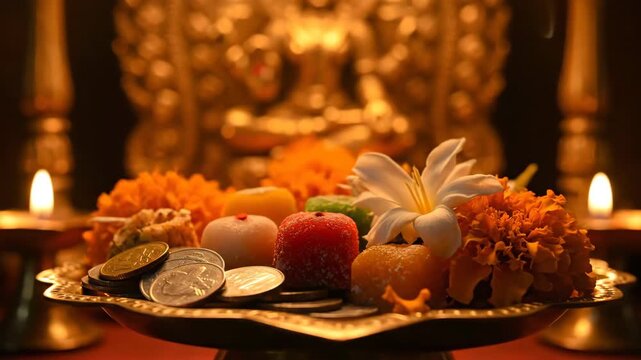 Golden idol of lord dhanvantari and auspicious offerings for dhanteras and diwali celebrating divine physician and ayurveda traditions