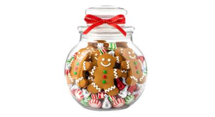 Gingerbread Cookie Jar with Peppermint Candy and Red Bow Isolated on White background 