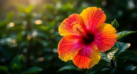 Vibrant hibiscus flower shining under golden sunlight with tropical leaves in the background. Symbol of exotic beauty, nature, and summer vibes. Perfect for eco, lifestyle
