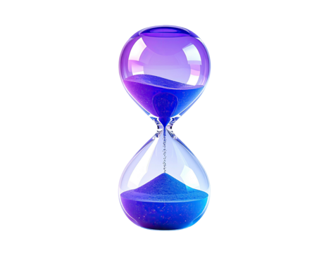 A vibrant hourglass with gradient purple and blue sand
