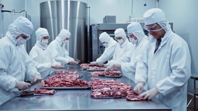 Meat processing facility workers sorting and arranging raw cuts of meat on stainless steel trays
