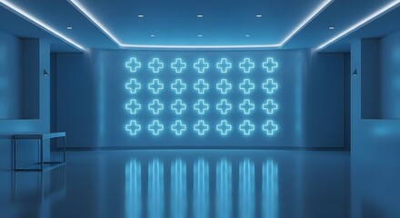Modern hospital room with blue lighting and medical cross symbols on the wall