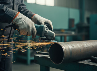 Industrial worker using angle grinder to cut metal pipe indoors, creating bright sparks in a modern manufacturing workshop