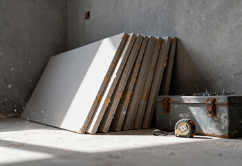 Construction materials stacked in a sunlit unfinished room with concrete walls, toolbox, and measuring tape on the floor