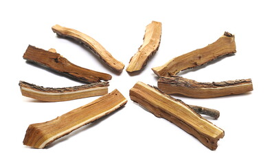 Wood for campfire, stacked logs isolated on white background, clipping path, design element